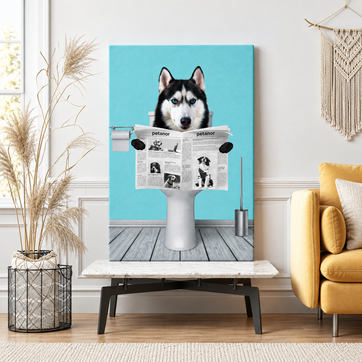 Toile avec un chien assis sur des toilettes lisant le journal, fond bleu.