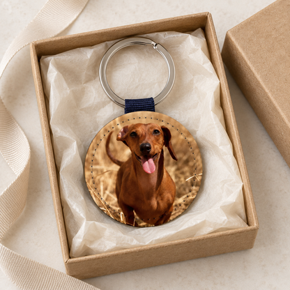 Porte-clés rond personnalisé avec photo d'un chien dans une boîte cadeau.