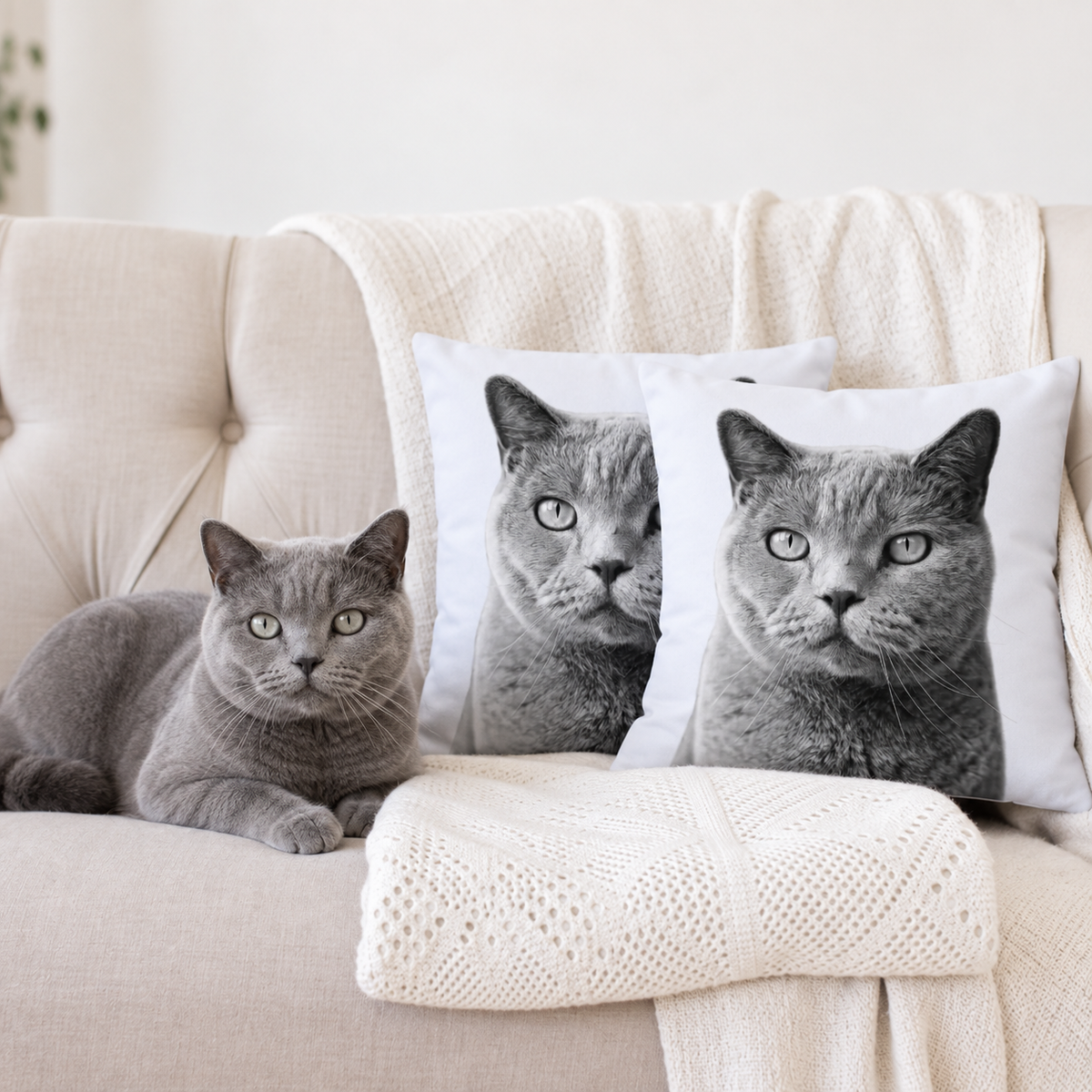Deux coussins personnalisés avec portraits d'animal noir et blanc, à côté d'un chat gris sur un canapé.