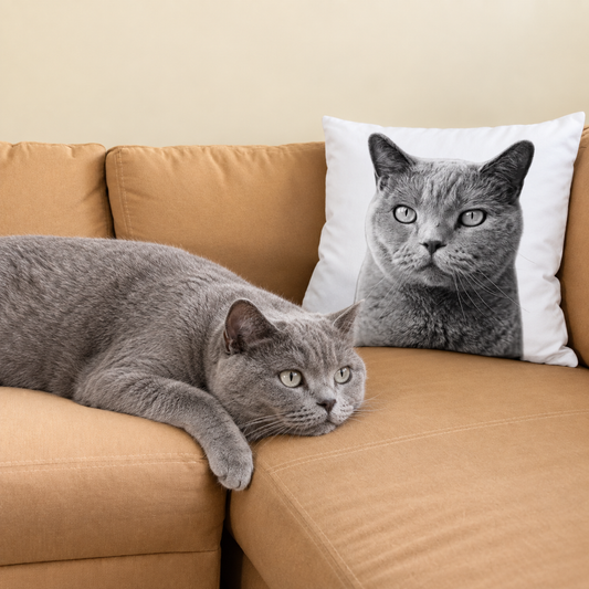 Coussin gris et blanc avec portrait d'animal sur un canapé marron, un chat gris à côté.