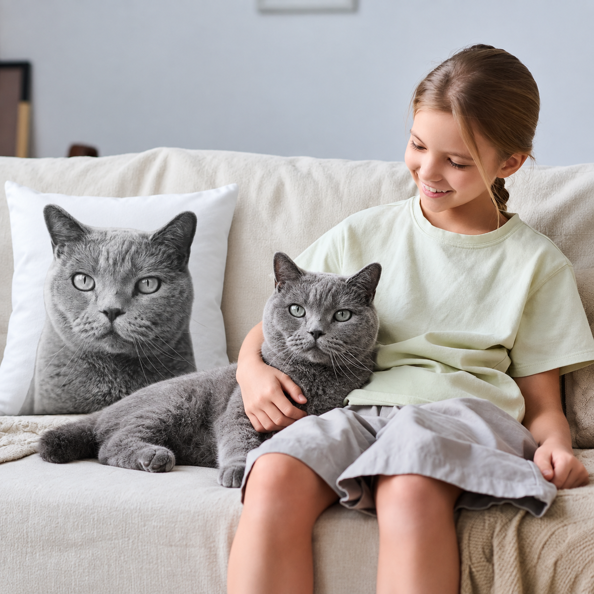 Coussin avec imprimé chat gris sur un canapé clair, une fille assise à côté d'un chat gris.