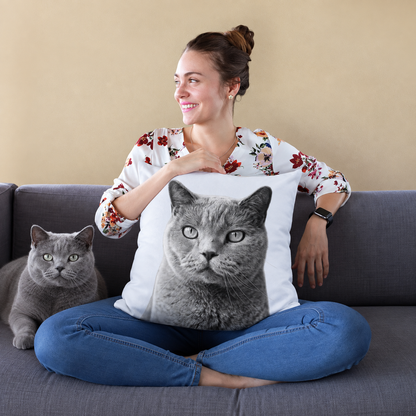 Coussin avec portrait de chat noir et blanc, personne assise sur un canapé tenant le coussin.