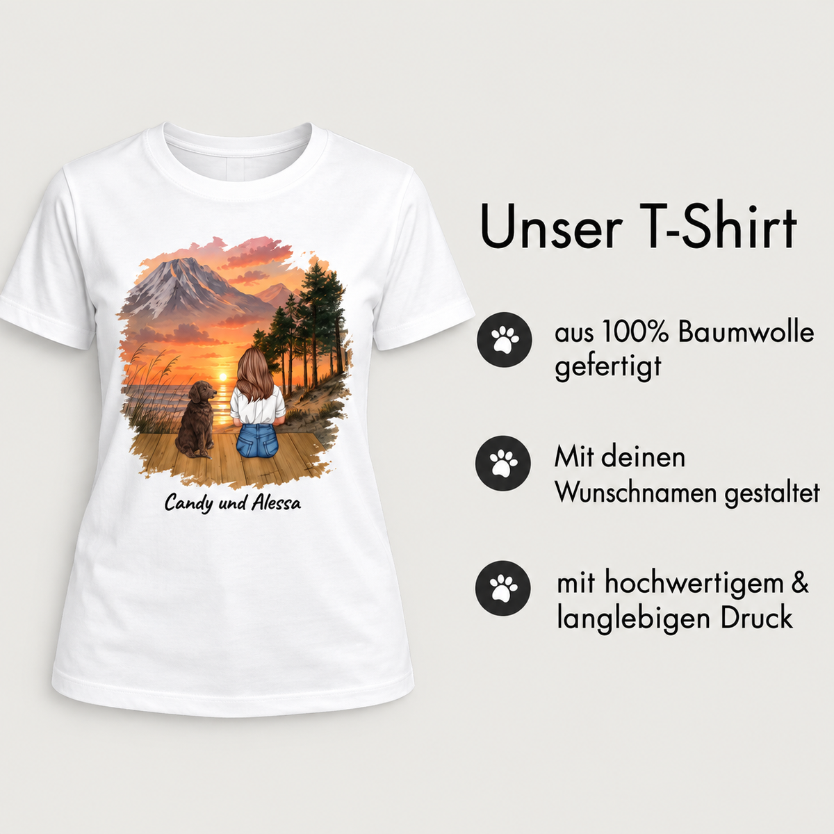 T-shirt blanc 100 % coton avec impression personnalisable d'une personne et d'un chien au coucher du soleil.