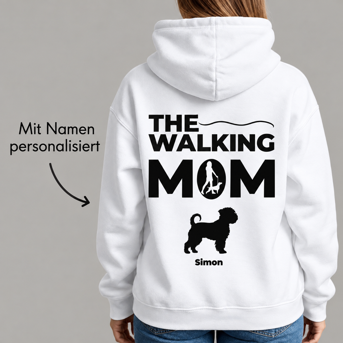 Sweat à capuche blanc avec le texte "THE WALKING MOM" et un symbole de chien, personnalisé avec le nom "Simon".