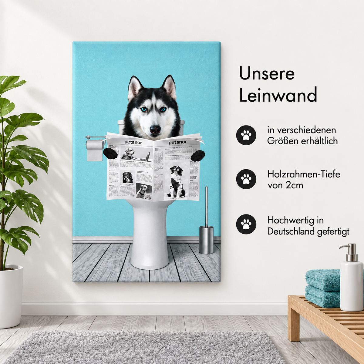 Toile personnalisée avec un husky lisant le journal dans une salle de bain, sur fond bleu.