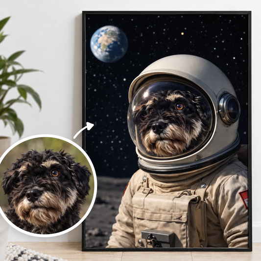 Poster personnalisé d'un chien en combinaison d'astronaute sur fond planétaire.