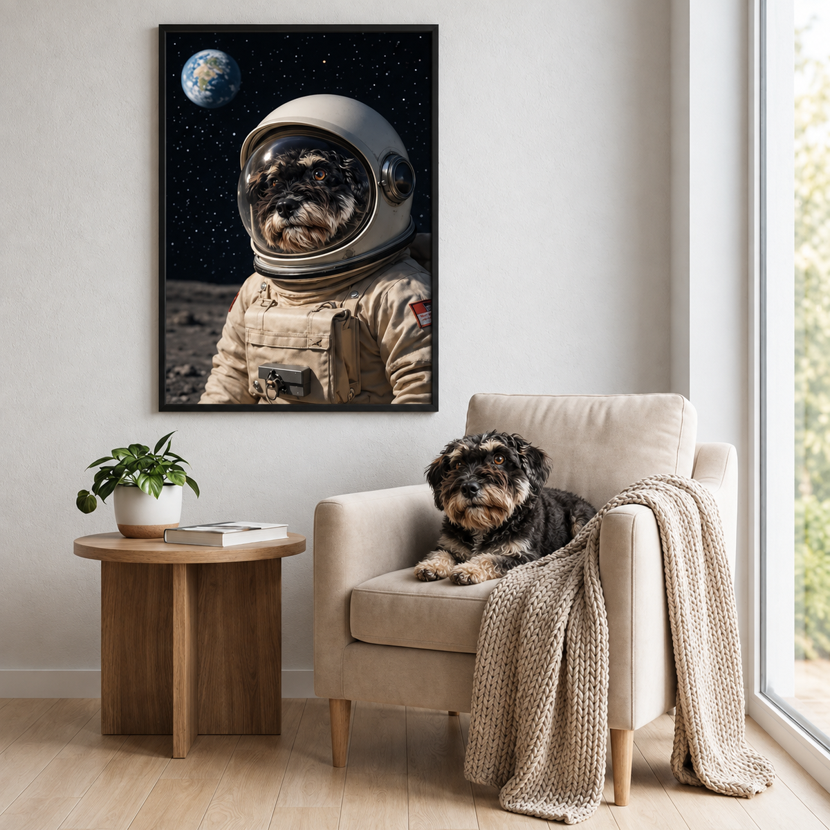 Poster astronaute personnalisé avec chien dans une pièce ; canapé marron, plantes et couverture visibles.