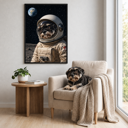 Poster astronaute personnalisé avec chien dans une pièce ; canapé marron, plantes et couverture visibles.