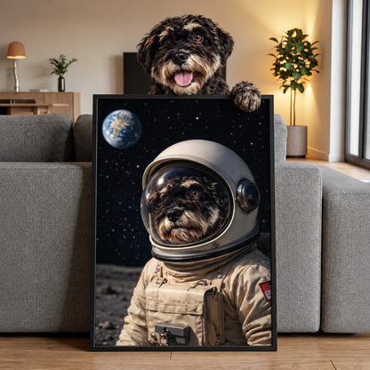 Poster d'un chien en combinaison d'astronaute sur fond d'espace. Cadre noir.