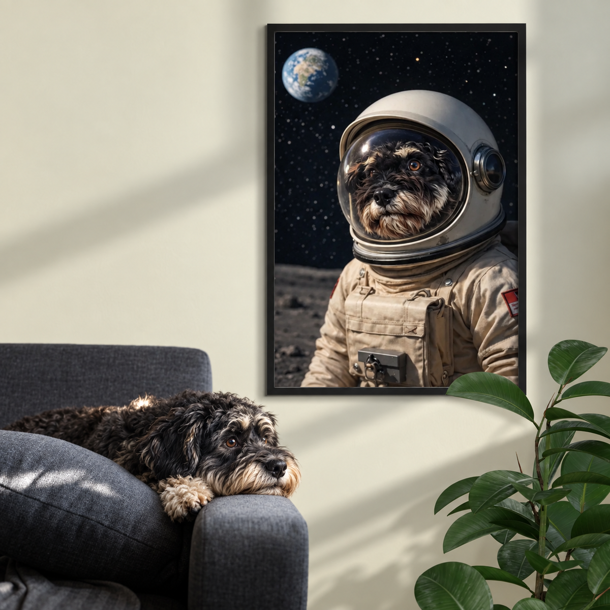 Poster encadré d'un chien astronaute dans l'espace, avec la Terre en arrière-plan. Canapé avec chien.