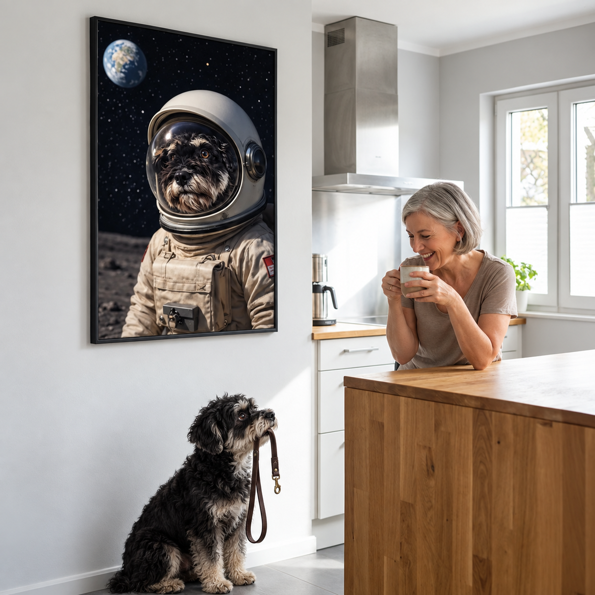 Poster astronaute personnalisé avec chien dans une pièce, femme tenant une tasse, chien assis en laisse.