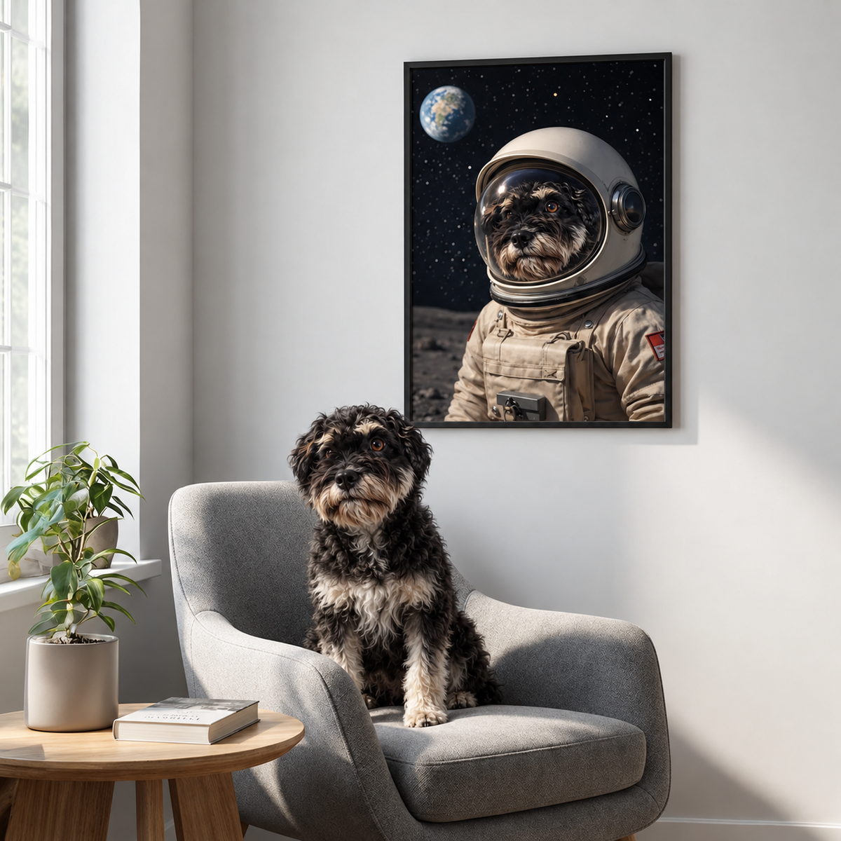 Poster astronaute personnalisé avec la photo d'un chien dans une pièce, fauteuil gris et plante visibles.
