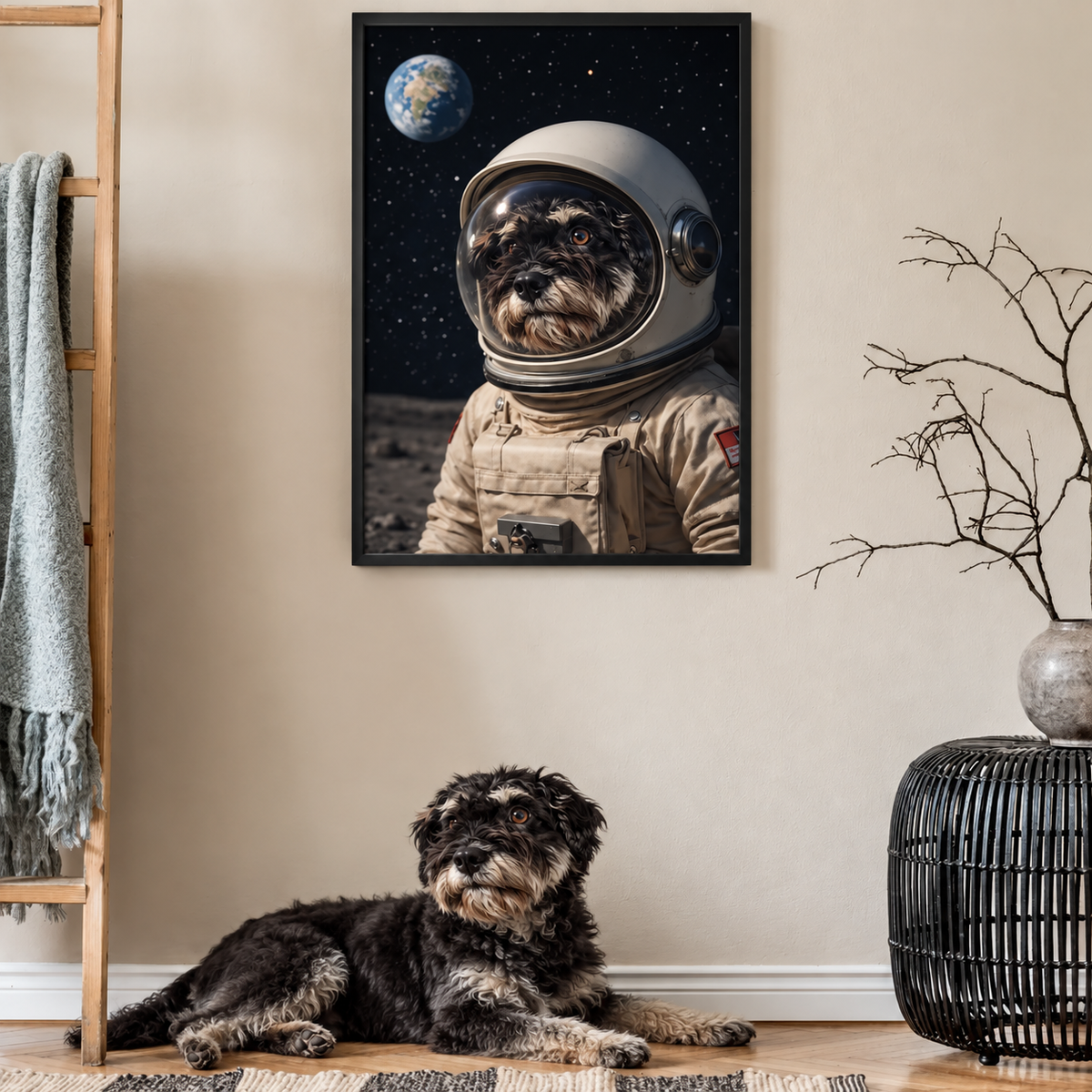 Poster d'un chien en combinaison d'astronaute avec la planète Terre en arrière-plan.