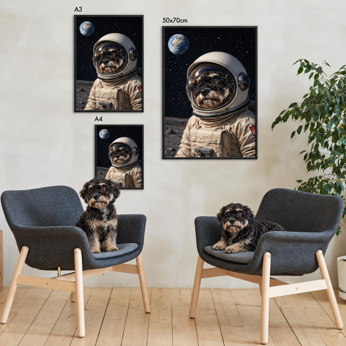 Trois posters encadrés d'un chien en combinaison d'astronaute devant la Terre, de tailles différentes, au mur.
