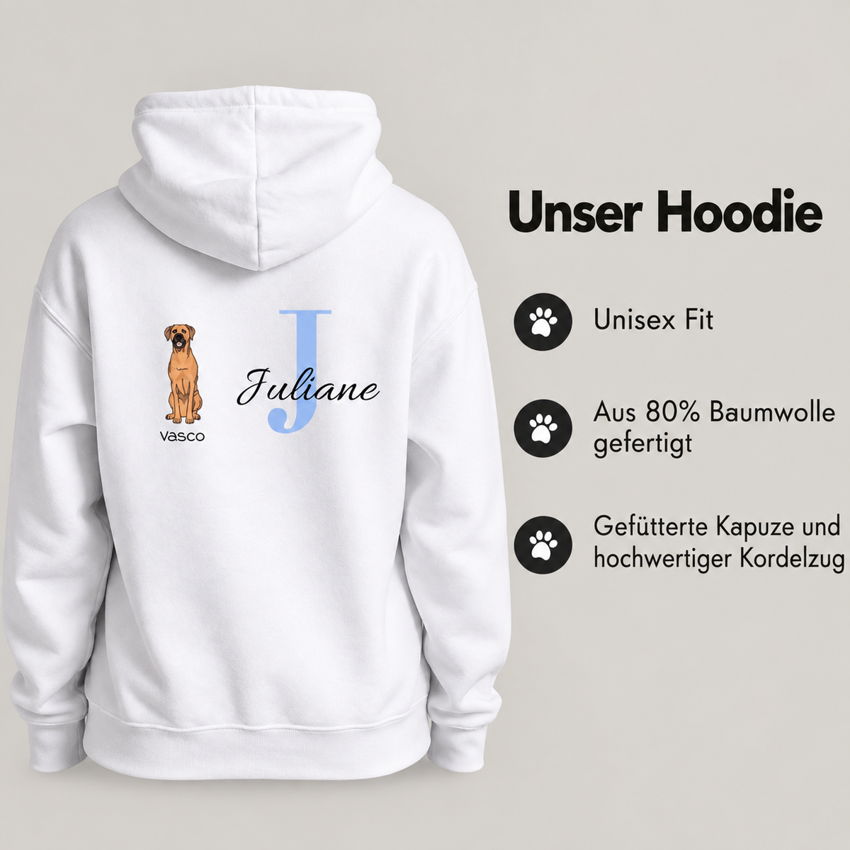 Sweat à capuche blanc personnalisé avec motif de chien, initiale "J" et nom "Juliane", 80 % coton.