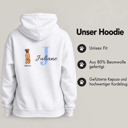 Sweat à capuche blanc personnalisé avec motif de chien, initiale "J" et nom "Juliane", 80 % coton.