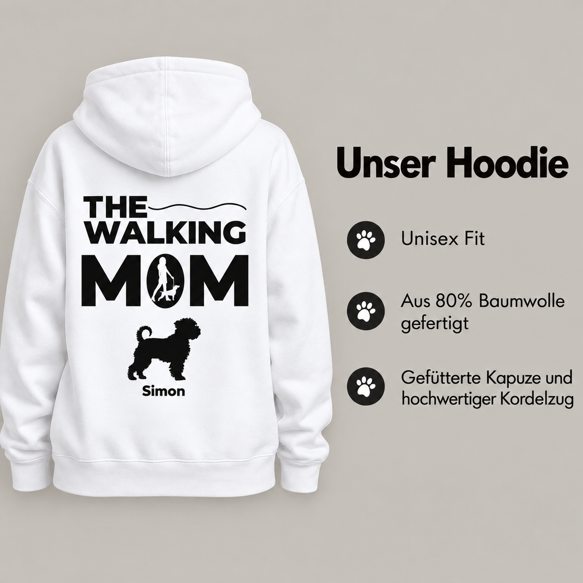 Sweat à capuche blanc avec l'inscription "THE WALKING MOM" et une silhouette de chien. Design unisexe.