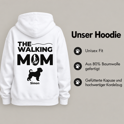 Sweat à capuche blanc avec l'inscription "THE WALKING MOM" et une silhouette de chien. Design unisexe.