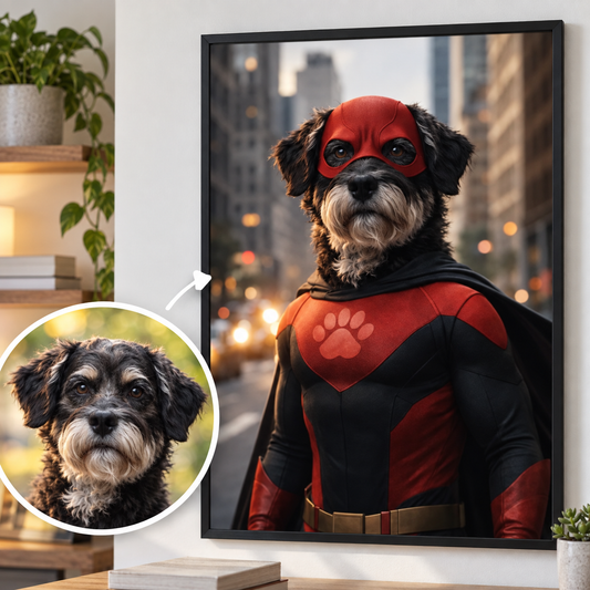 Poster personnalisé d'un chien en costume de super-héros avec combinaison rouge et cape noire.