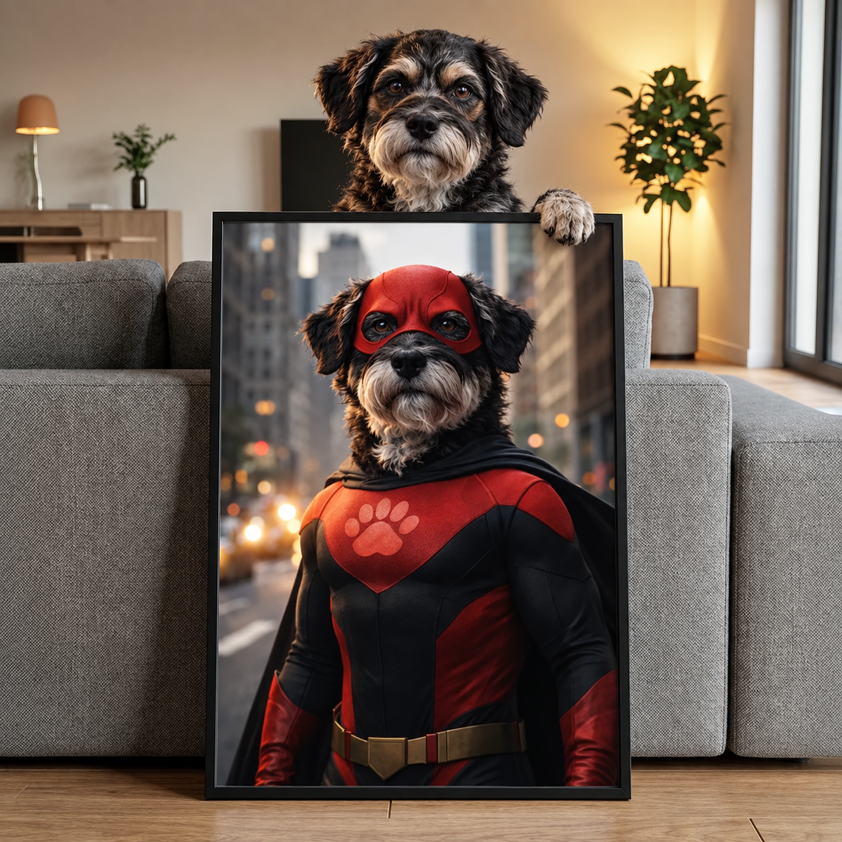 Un chien en costume de super-héros avec cape rouge et masque, l'image dans un cadre.