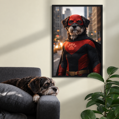 Poster d'un chien en costume de super-héros rouge et noir avec masque, décoratif au mur. Canapé et plante sur l'image.
