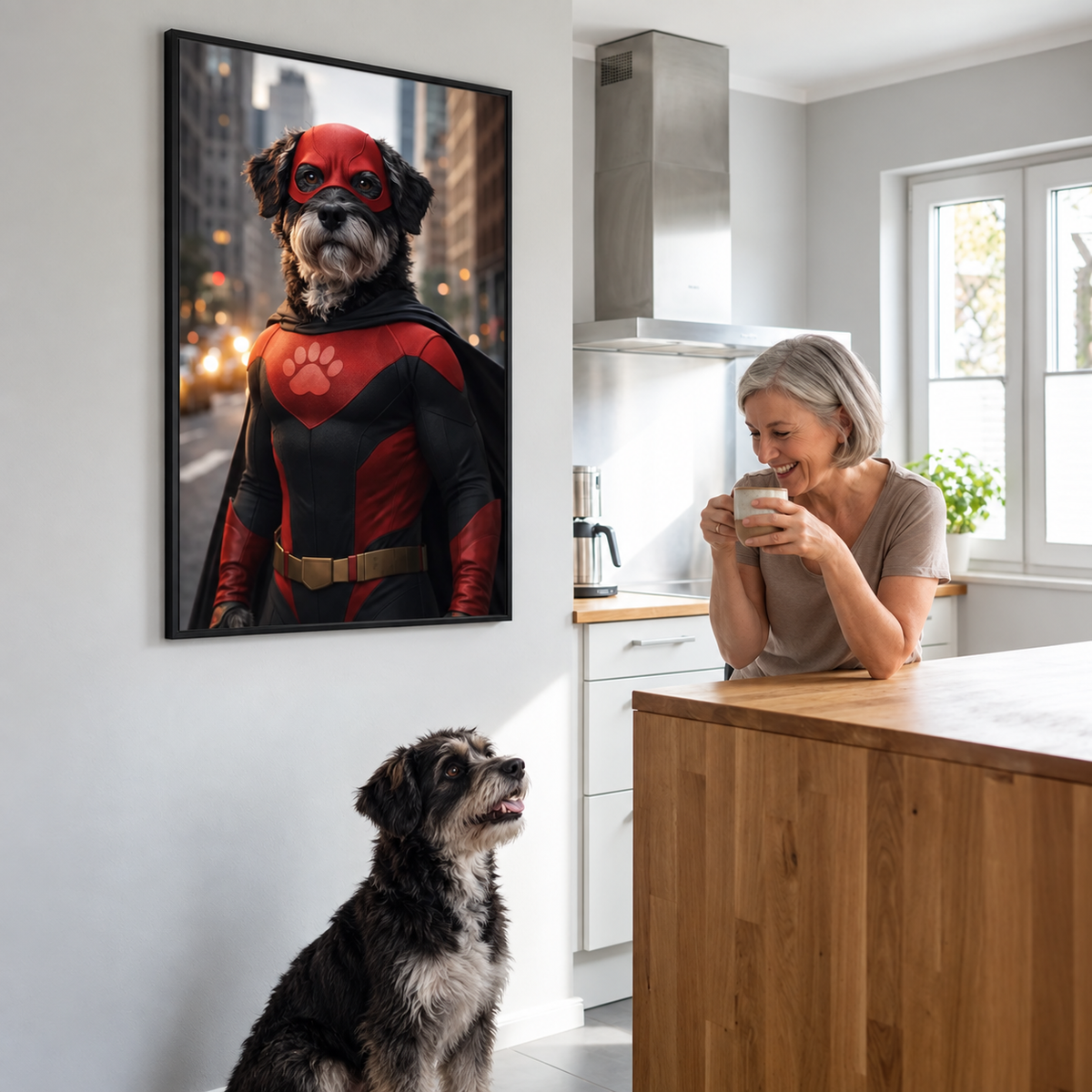 Poster mural personnalisé d'un chien en costume de super-héros dans la cuisine. Table en bois et femme souriante avec une boisson.