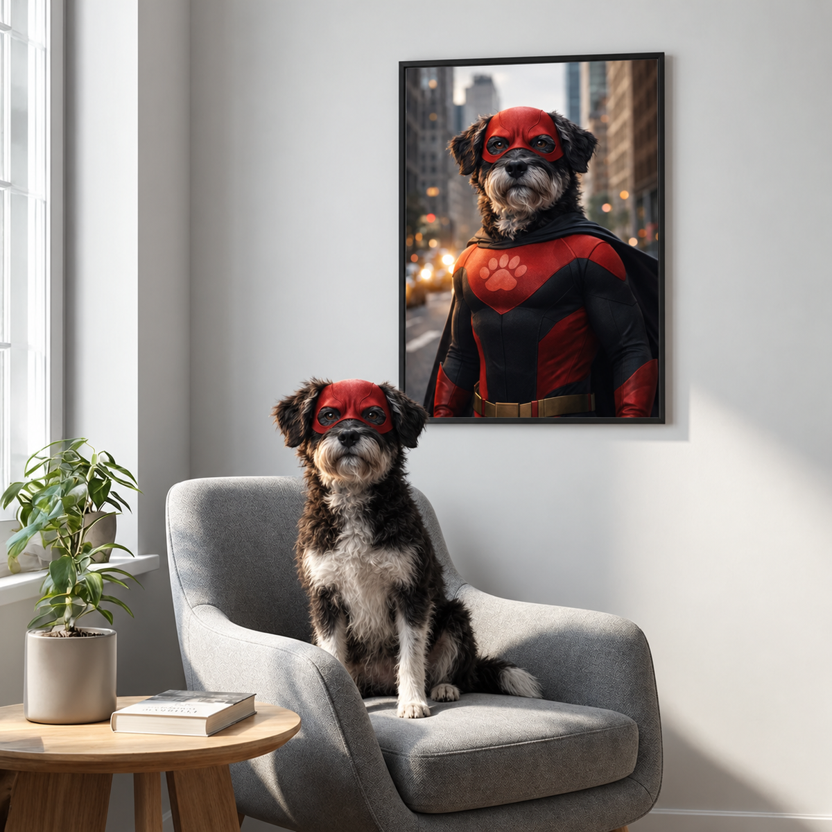 Portrait de chien dans un salon, chien avec masque et cape rouges, poster de super-héros personnalisé au mur.