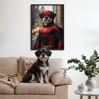 Chien sur un canapé, poster personnalisé d'un chien en super-héros au mur.