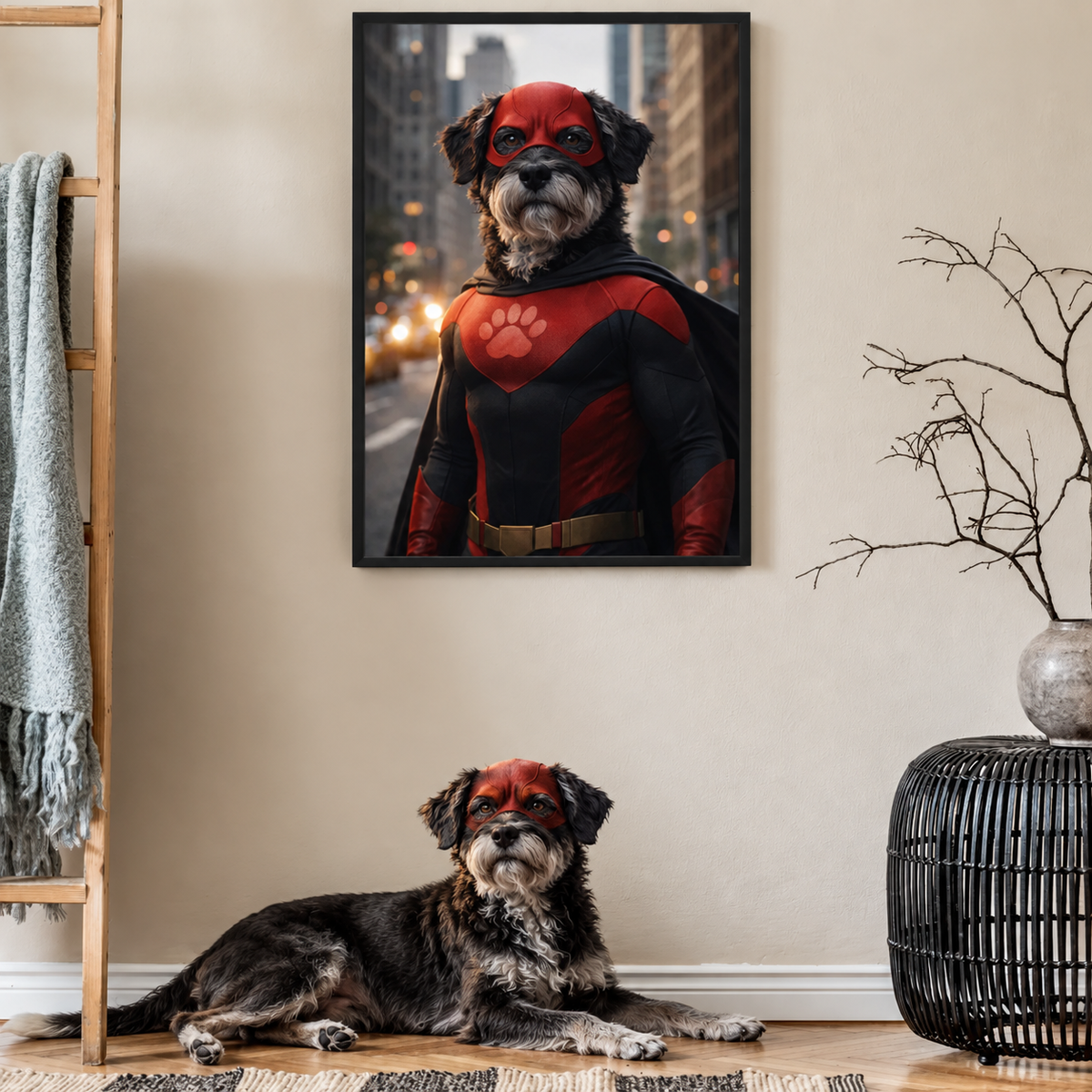 Chien en costume de super-héros, combinaison rouge avec masque, poster encadré en arrière-plan.