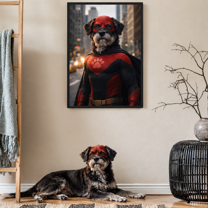 Chien en costume de super-héros, combinaison rouge avec masque, poster encadré en arrière-plan.