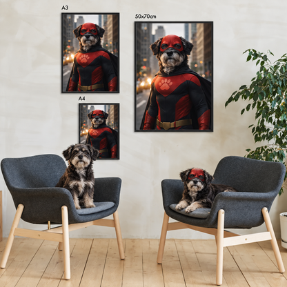 Poster personnalisé d'un chien en super-héros en costume rouge, encadré en trois tailles au mur.