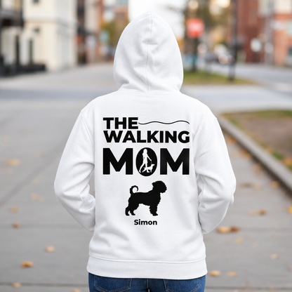 Sweat à capuche blanc avec impression dos "THE WALKING MOM" et silhouette de chien, personnalisé avec le nom Simon