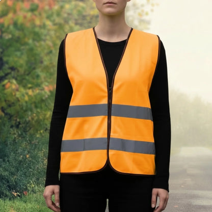 Gilet de sécurité personnalisé orange vif à bandes réfléchissantes, idéal pour la sécurité en extérieur.
