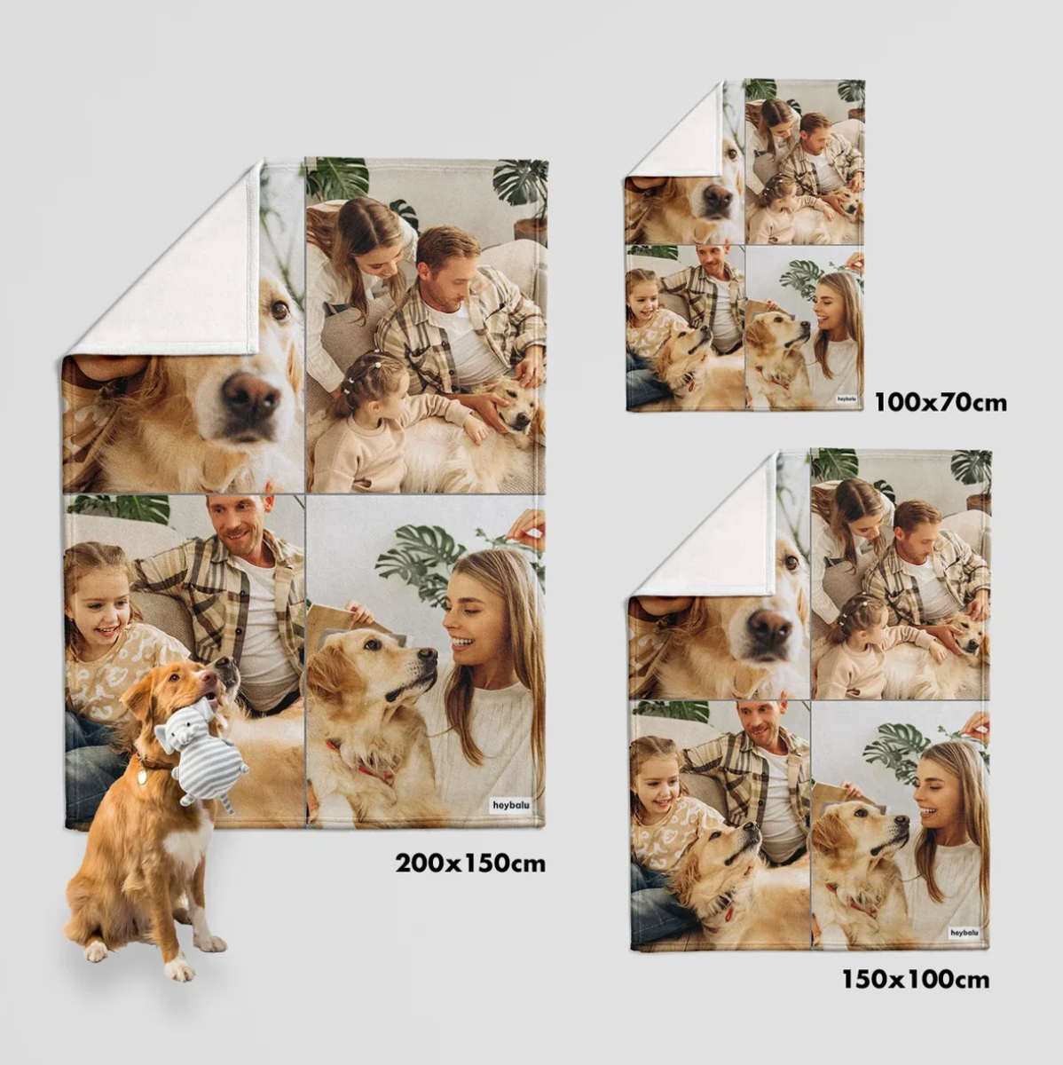 Couvertures personnalisées de différentes tailles avec tes propres photos, dont des photos de famille et d'animaux.