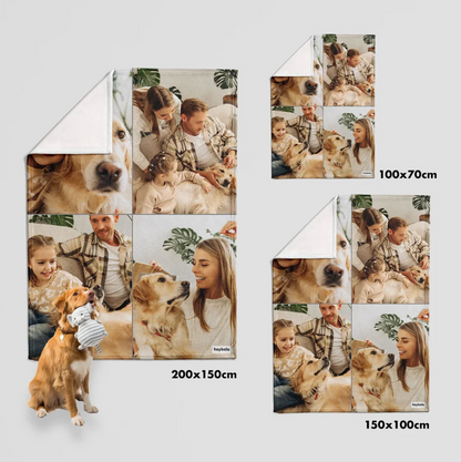 Couvertures personnalisées de différentes tailles avec tes propres photos, dont des photos de famille et d'animaux.