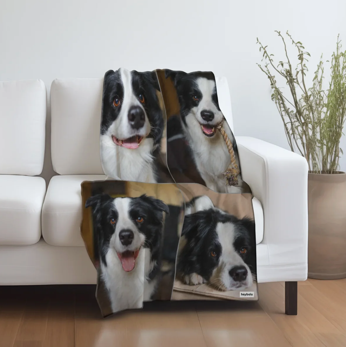 Couverture personnalisée avec photos d'un chien, drapée sur un canapé.