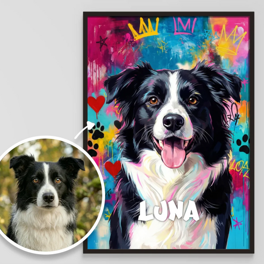 Poster graffiti personnalisé d'un chien sur fond coloré avec le nom "LUNA".