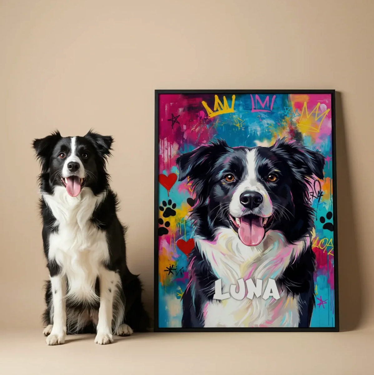 Poster graffiti personnalisé d'un chien sur fond coloré avec touches de couleur.