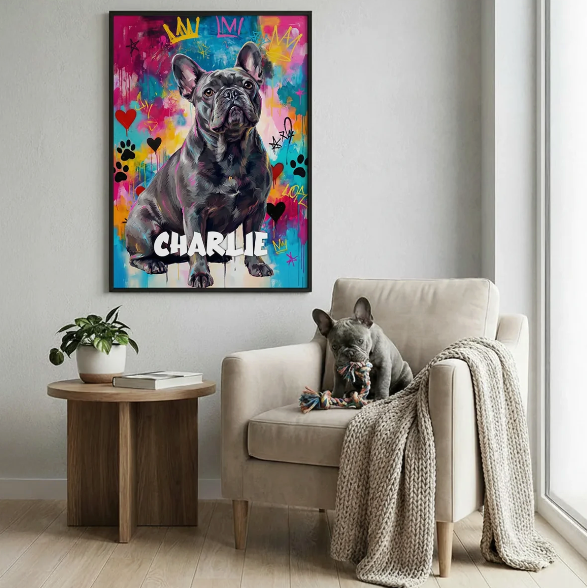 Poster graffiti personnalisable avec motif de chien coloré, encadré et accroché au mur.