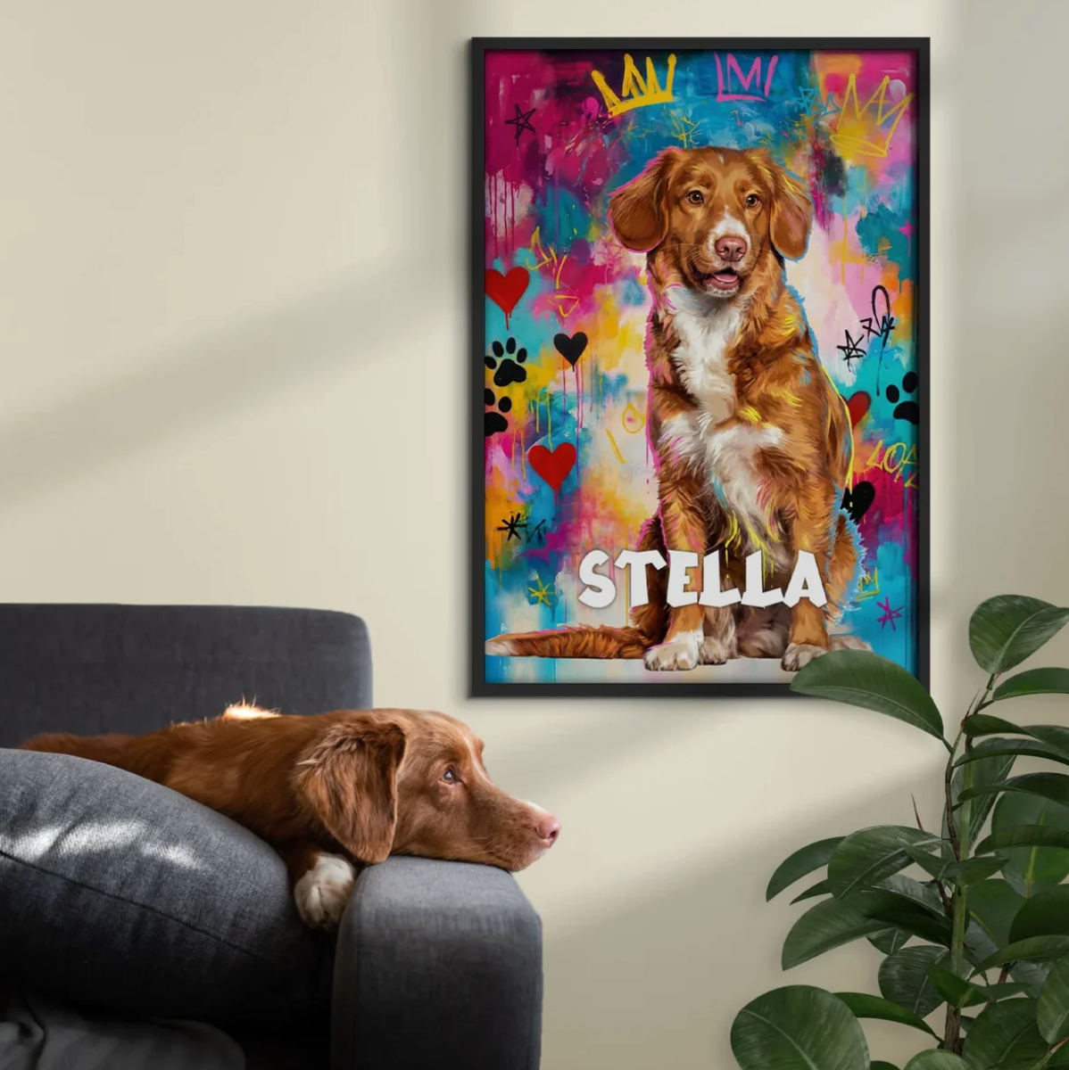 Poster graffiti personnalisé d'un chien assis aux couleurs vives avec le nom "STELLA". Cadre non visible.