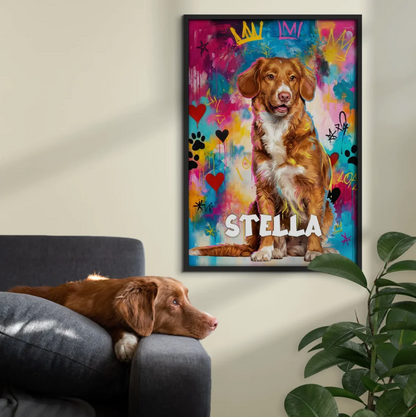Poster graffiti personnalisé d'un chien assis aux couleurs vives avec le nom "STELLA". Cadre non visible.
