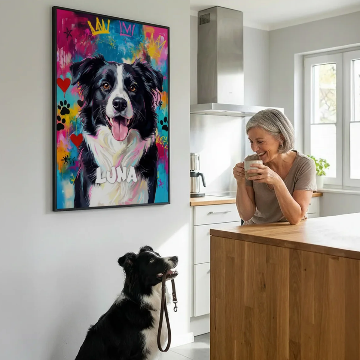 Poster personnalisé d'un chien au design graffiti avec le nom "LUNA" aux couleurs vives.