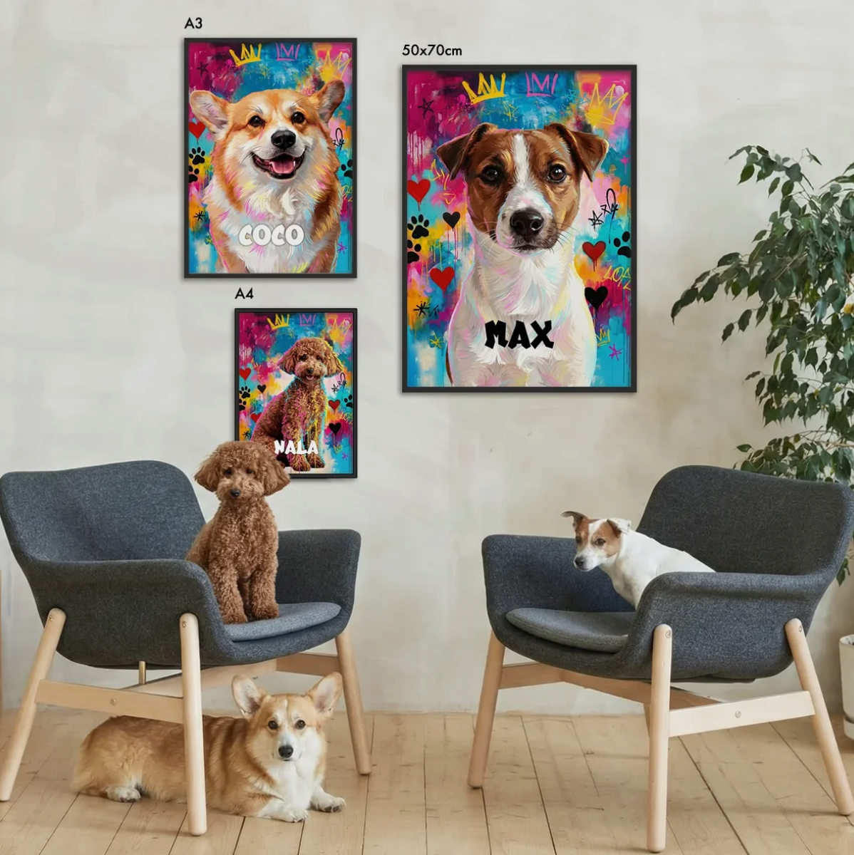 Posters graffiti personnalisés avec motifs de chiens colorés dans des cadres noirs.