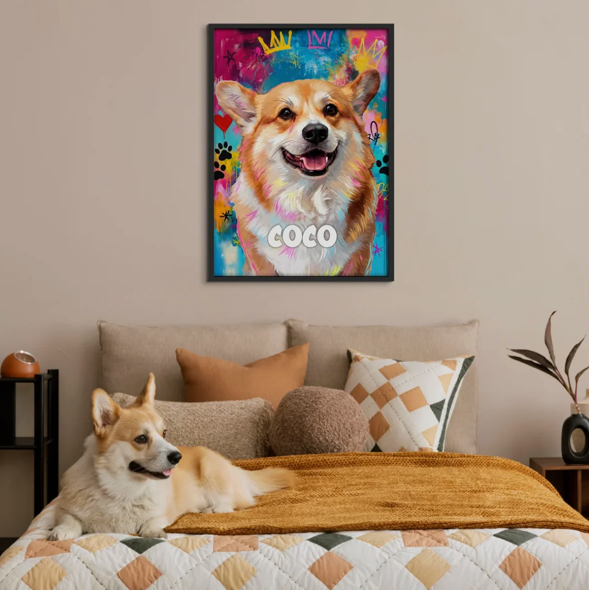 Art mural personnalisé avec un corgi sur fond graffiti coloré et le nom "COCO".