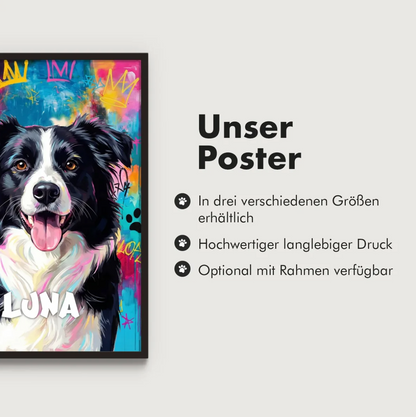 Poster graffiti personnalisable avec un chien, couleurs vives et nom en bas.