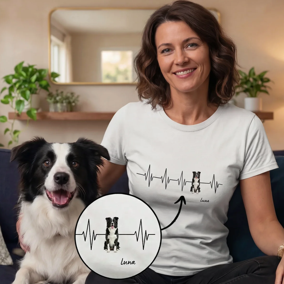 T-shirt blanc avec design battement de cœur personnalisé et motif de chien. Femme assise sur le canapé avec un chien.