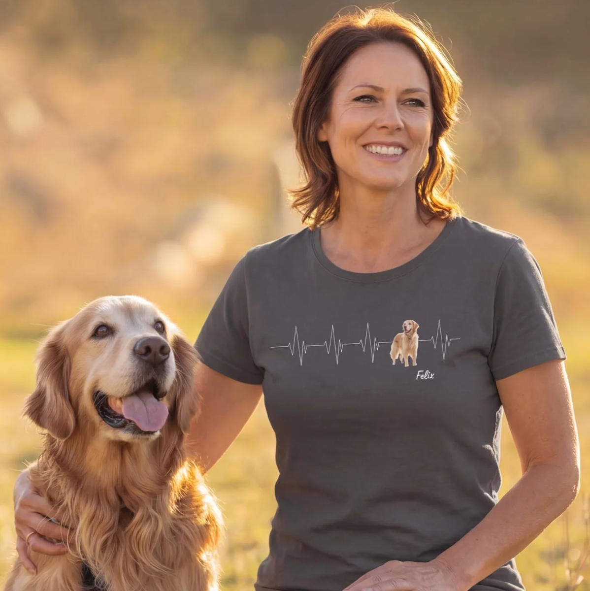 T-shirt gris foncé personnalisé avec design battement de cœur et motif de chien.