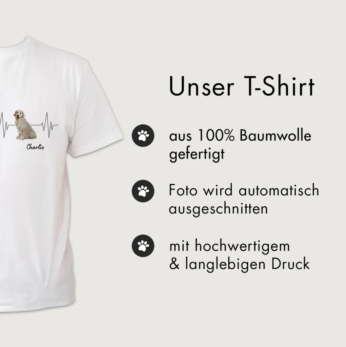 T-shirt blanc 100 % coton avec motif de chien et design battement de cœur. Option nom personnalisé.