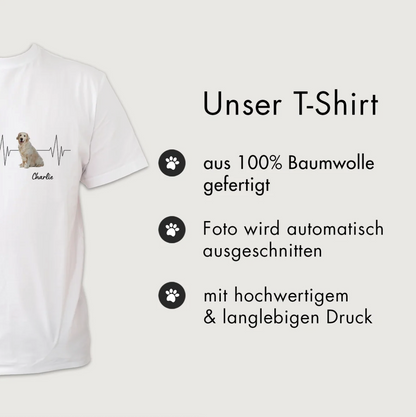T-shirt blanc 100 % coton avec motif de chien et design battement de cœur. Option nom personnalisé.