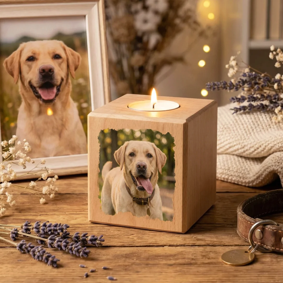 Cube photophore en bois avec photo de chien. Bougie allumée, entourée de lavande et d'un cadre photo.